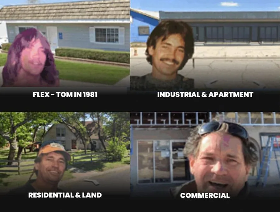 Four snapshots across Tom's career: with a flex building in 1981, industrial and apartment properties, residential and land deals, and commercial storefronts