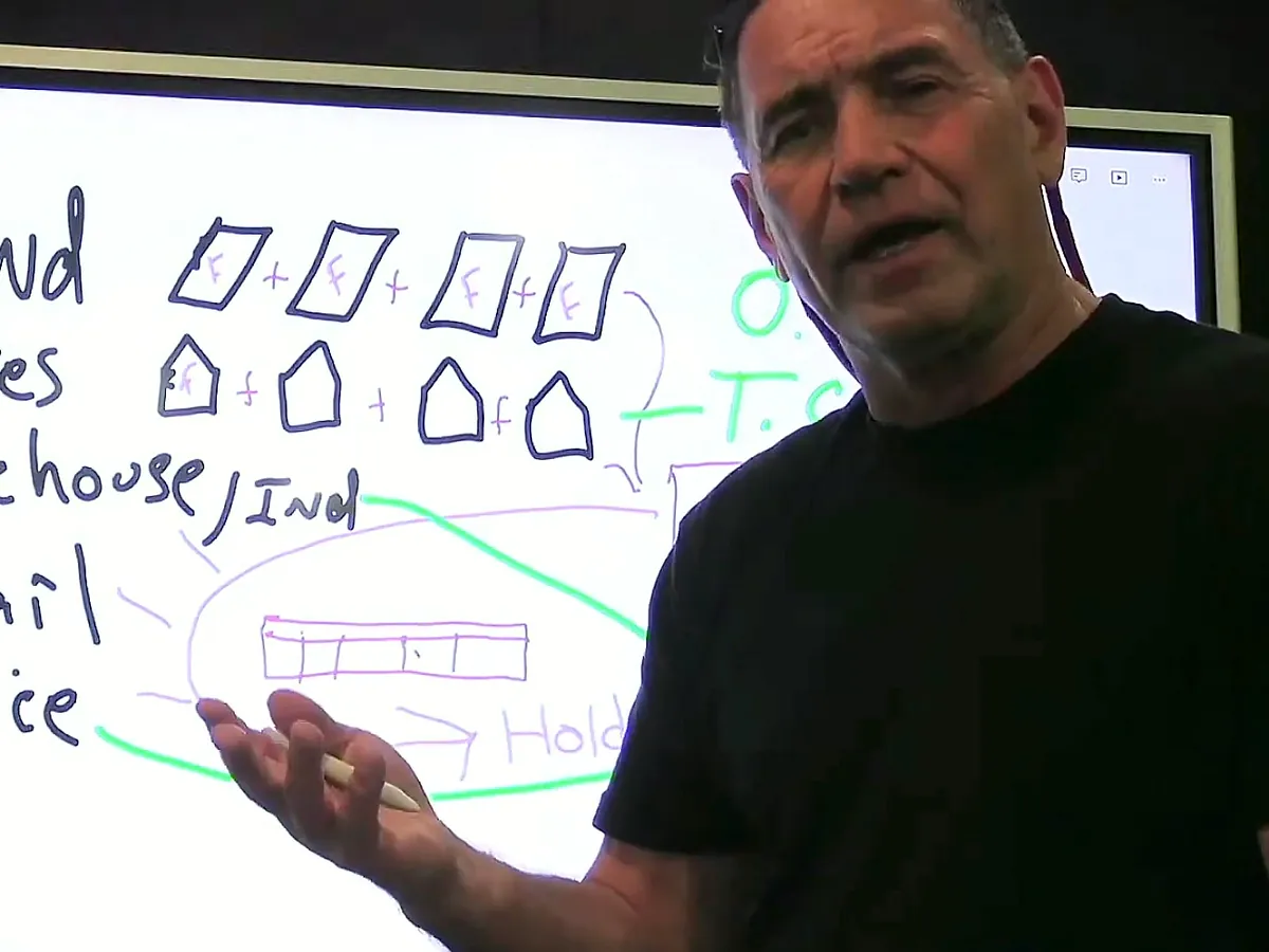 Tom McKay teaching at a whiteboard that maps land, houses, warehouses, retail, and offices
